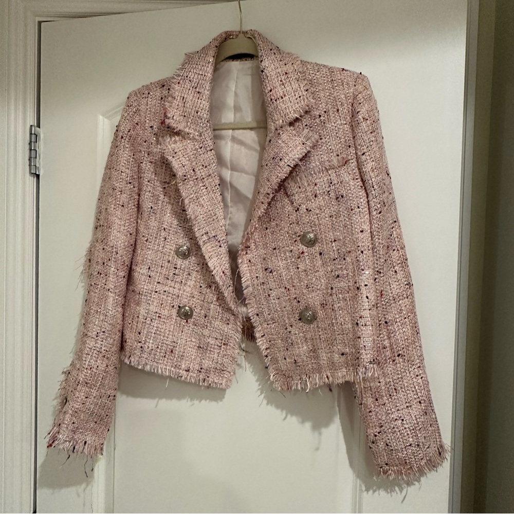 Aqua Tweed Double Breasted Cropped Blazer - Picture 2 of 10